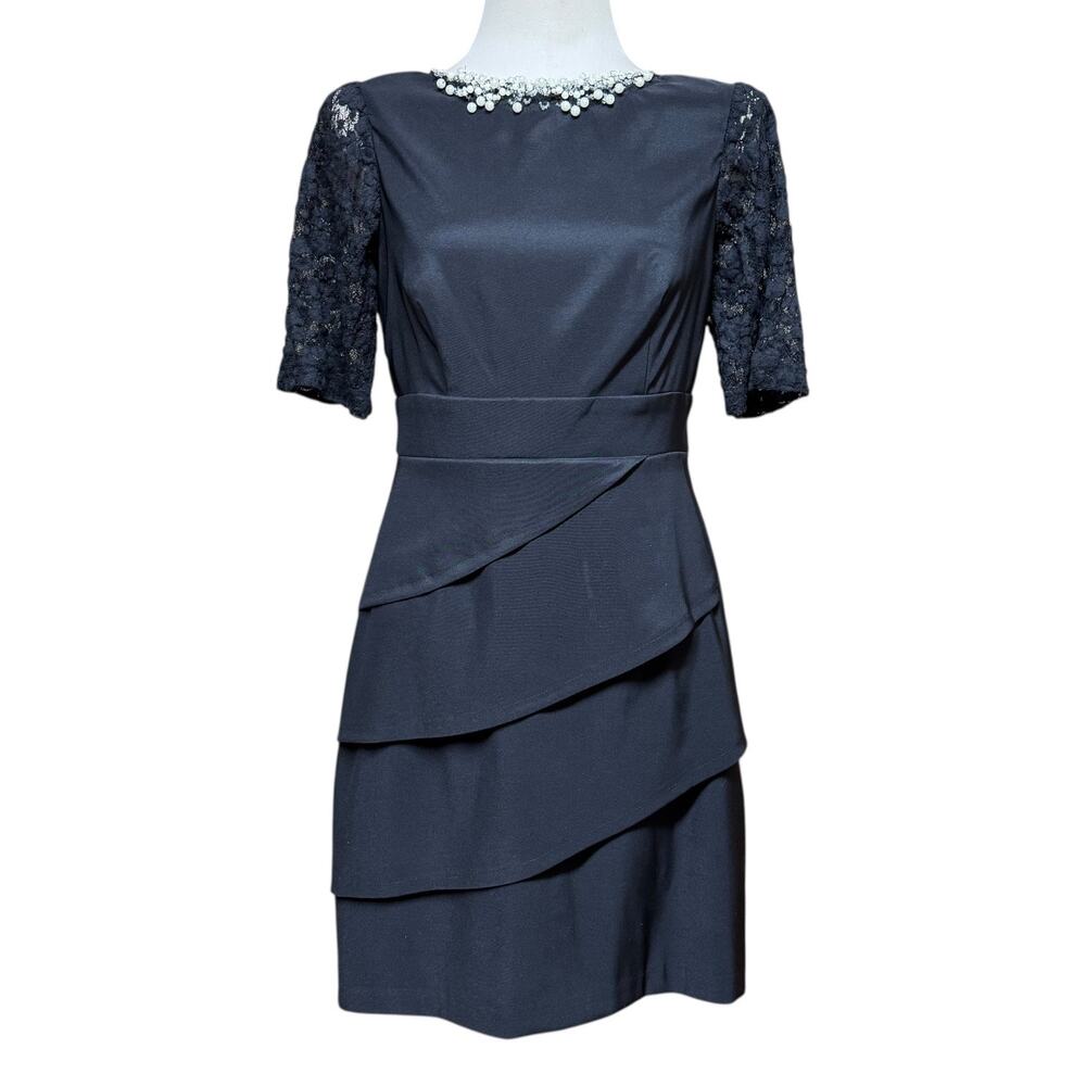 Collection Dressbarn Lace Short Sleeve Beaded Pearl Sheath Dress Black 8